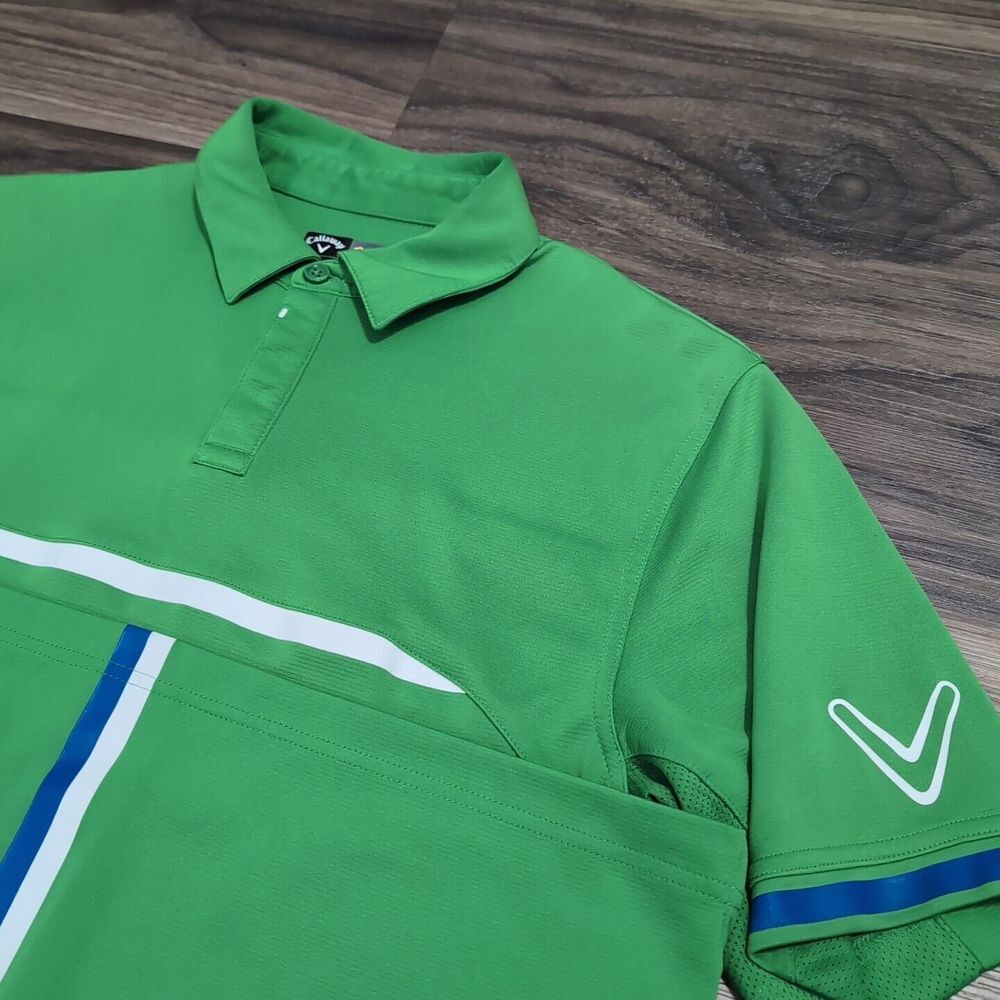 Men's M Callaway Opti-Dri Golf Polo SS Shirt‎ Green Stripes Big Logo 32S